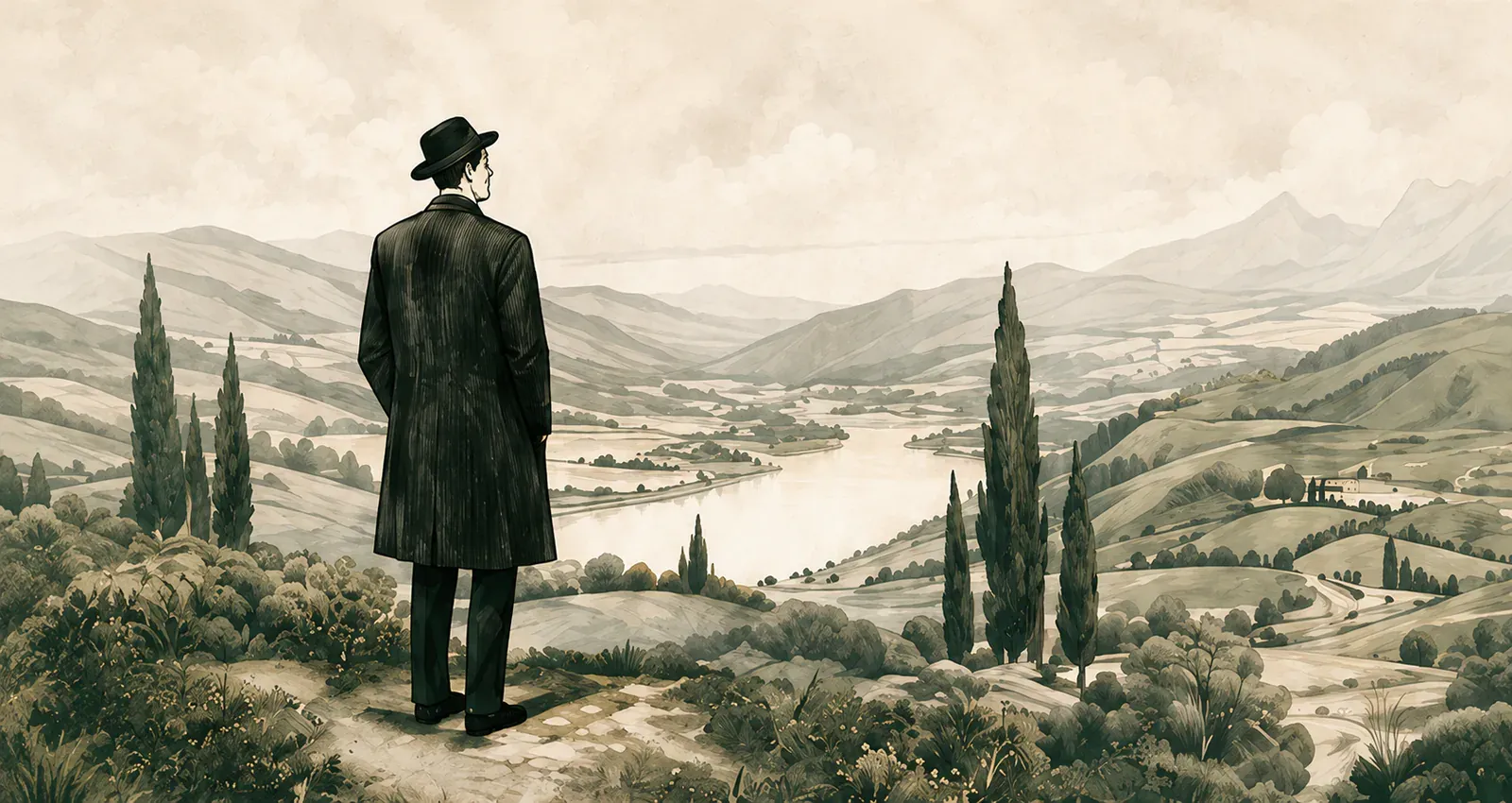 A solitary reader overlooking a quiet valley